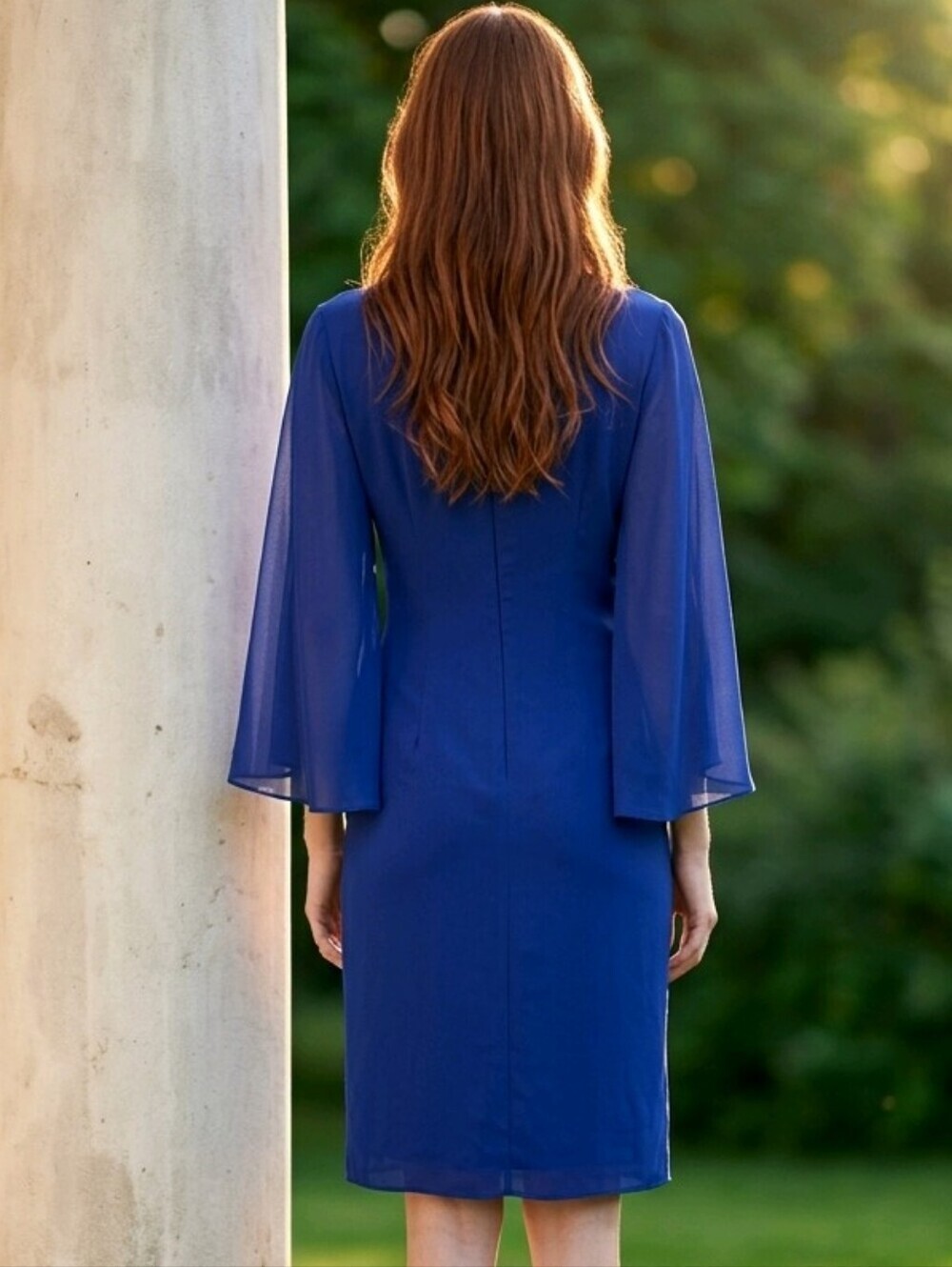 NWT Elegant MSK Blue Sheath Dress with Draped Cape Sleeves & Crystal Brooch Sz 4 - Picture 2 of 5